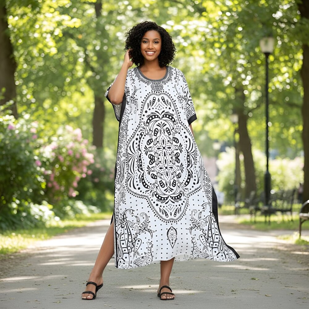 Paisley Printed White Polyester Kaftan Maxi Dress for Women by Gypsie Blu